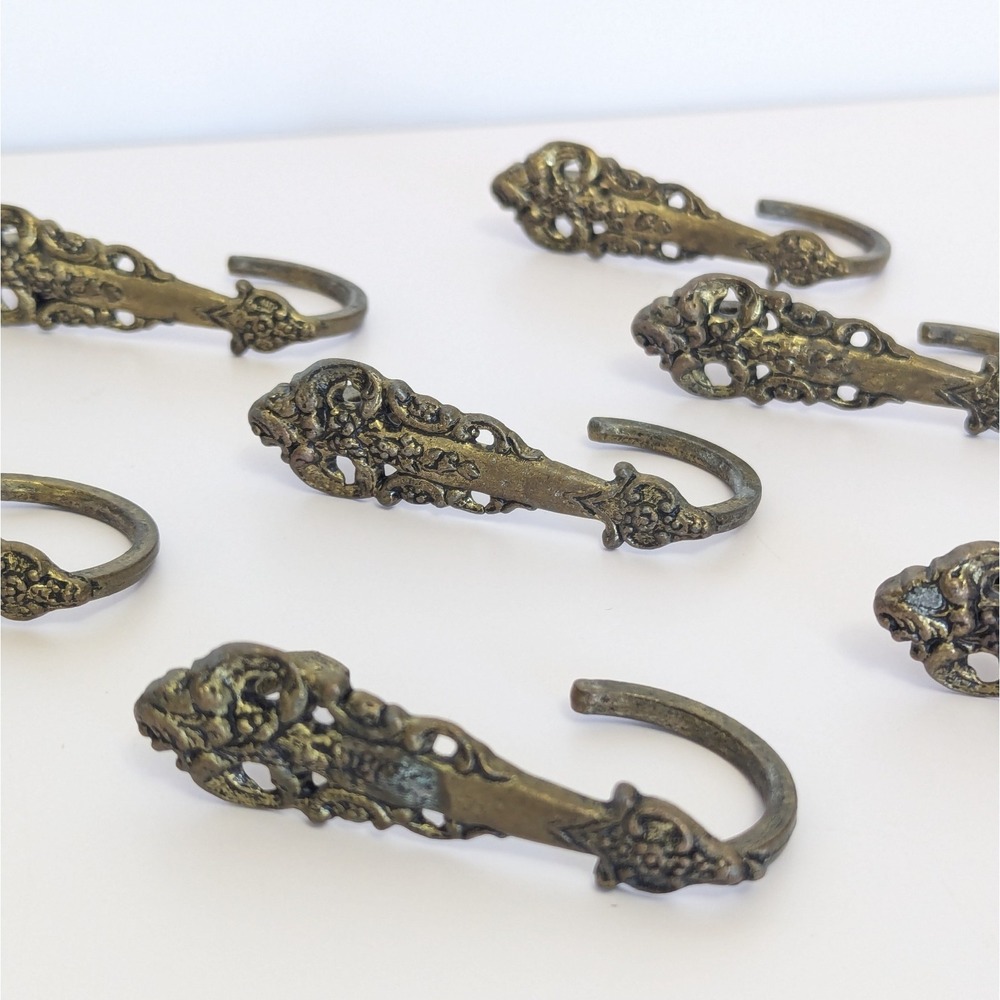 Vintage Aged Gold Tone Ornate Curtain Rod Drapery Hooks Set of 8 Floral Scroll